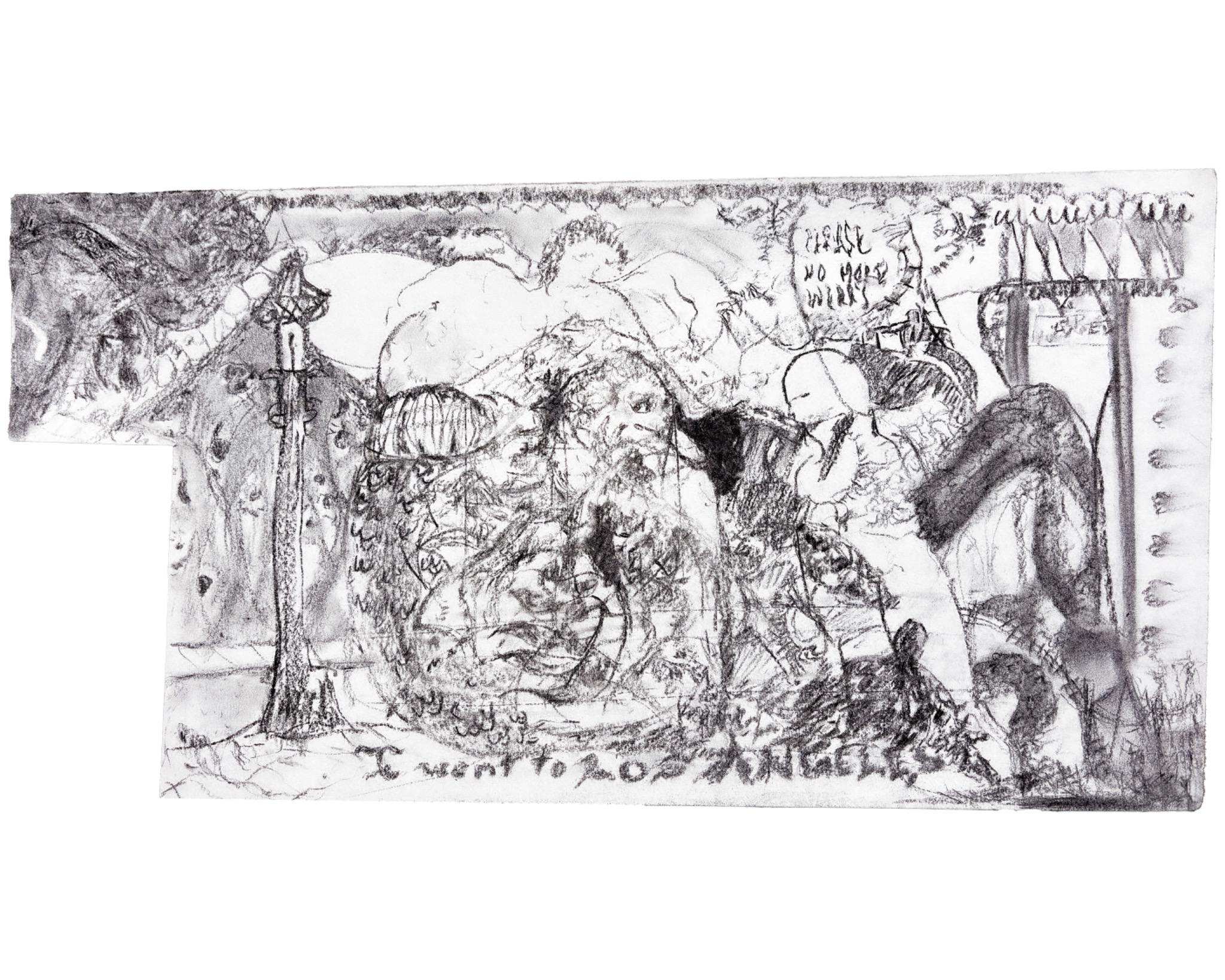 Charcoal drawing of layered figures, clothing, foliage, and street-like forms in a dense sketchbook composition.