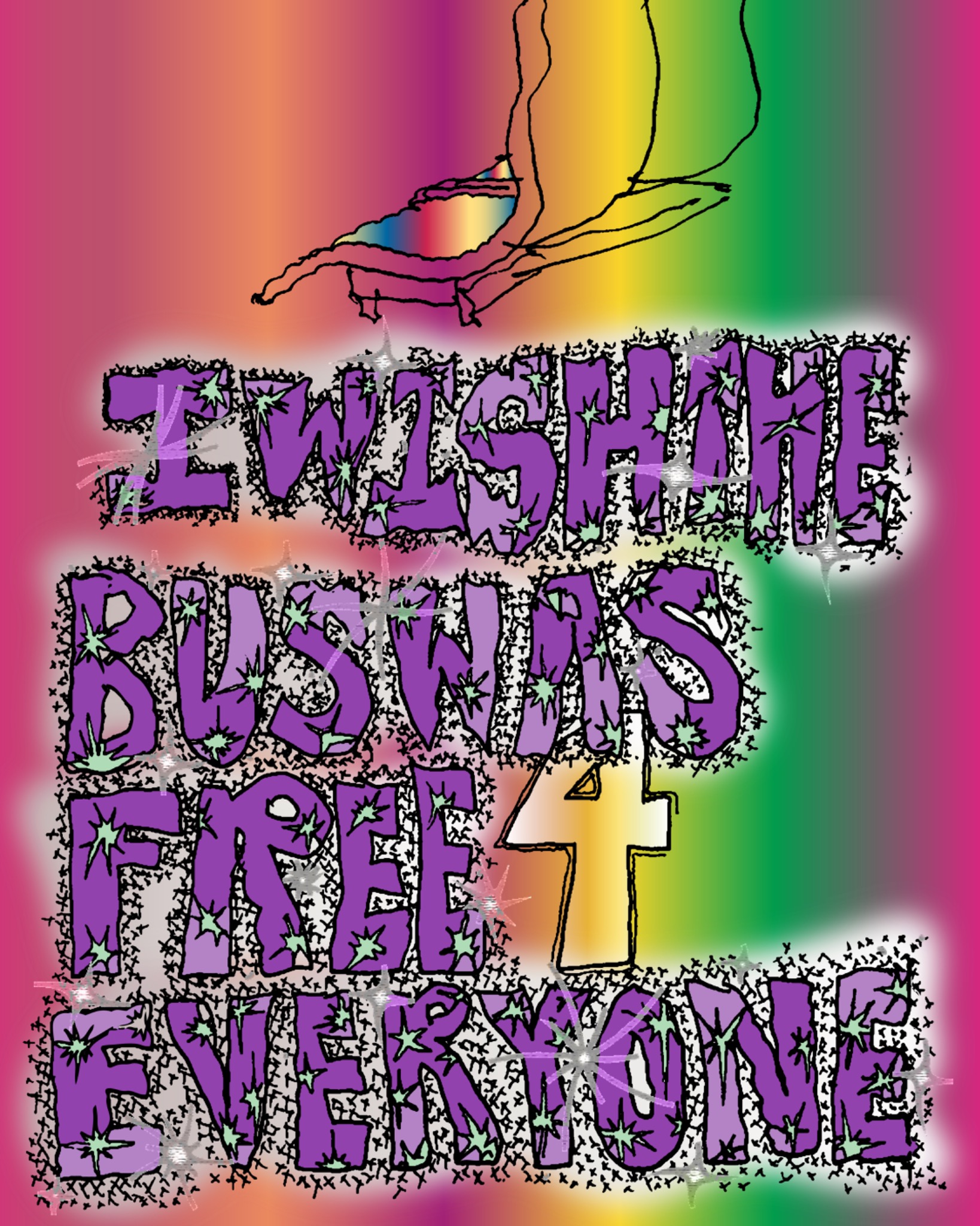 Colorful digital artwork with oversized purple lettering, black line drawings, and a rainbow gradient background.