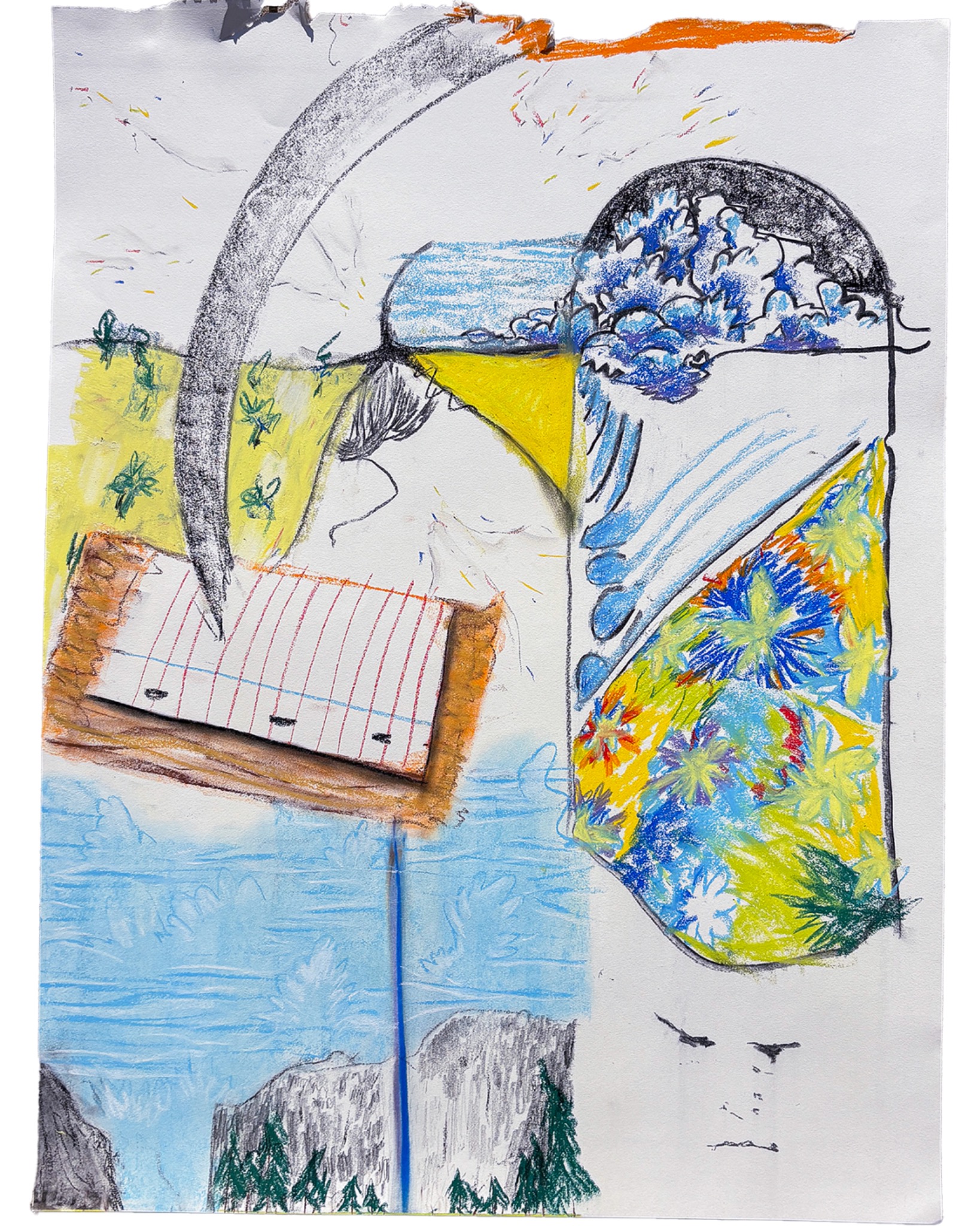 Oil pastel drawing with a bright blue sky, colorful flowers, a figure in a floral garment, and a notebook-like shape in the foreground.